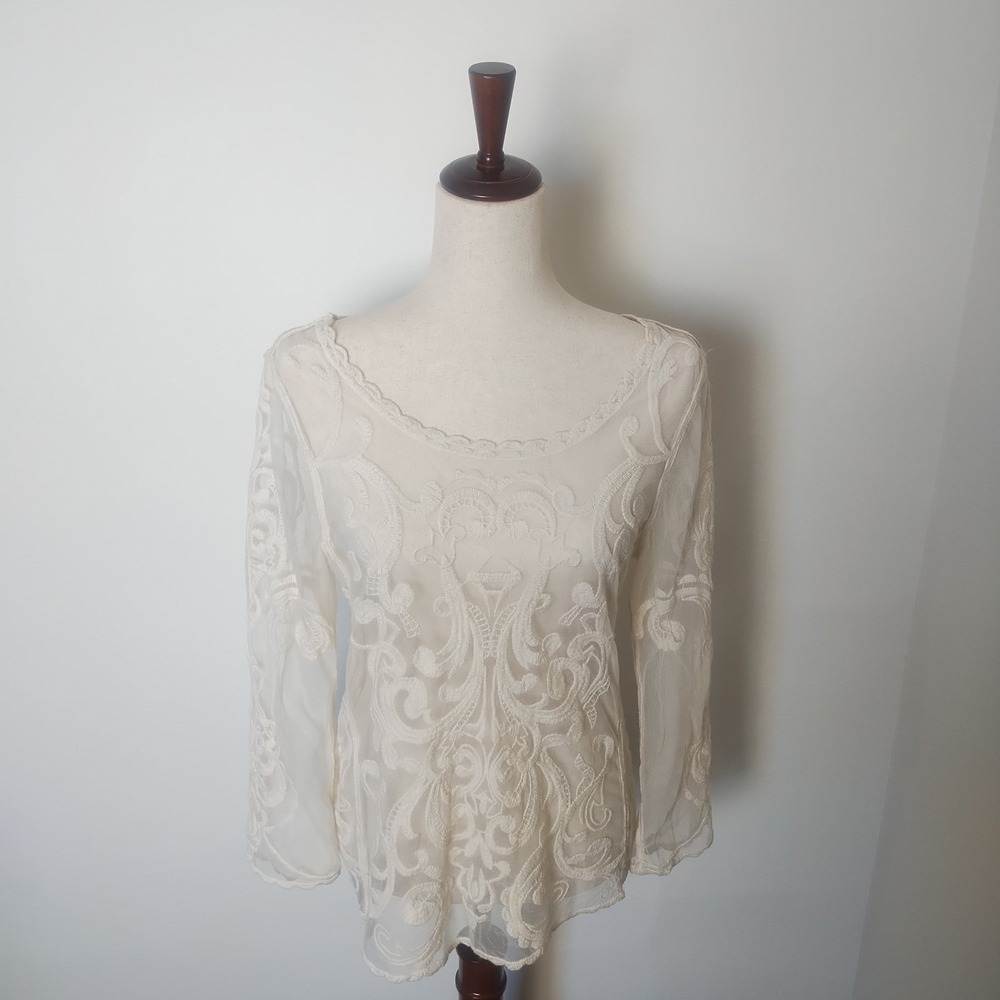 Express Embroidered Sheer Top Women's‎ Medium Cream Boho Romantic Coquette